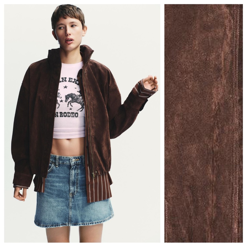 NWT. Zara Dark Brown 100% Suede Leather Jacket. Size L. - Picture 3 of 15